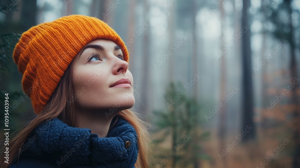 Contemplative Woman in a Misty Forest with a Bright Orange Beanie Contemplative Woman in a Misty Forest with a Bright Orange Beanie
