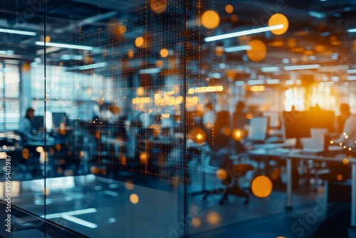 A blurred abstract depiction of an office environment focusing on digital data interactions and modern workspace aesthetics, capturing the essence of technology's role.