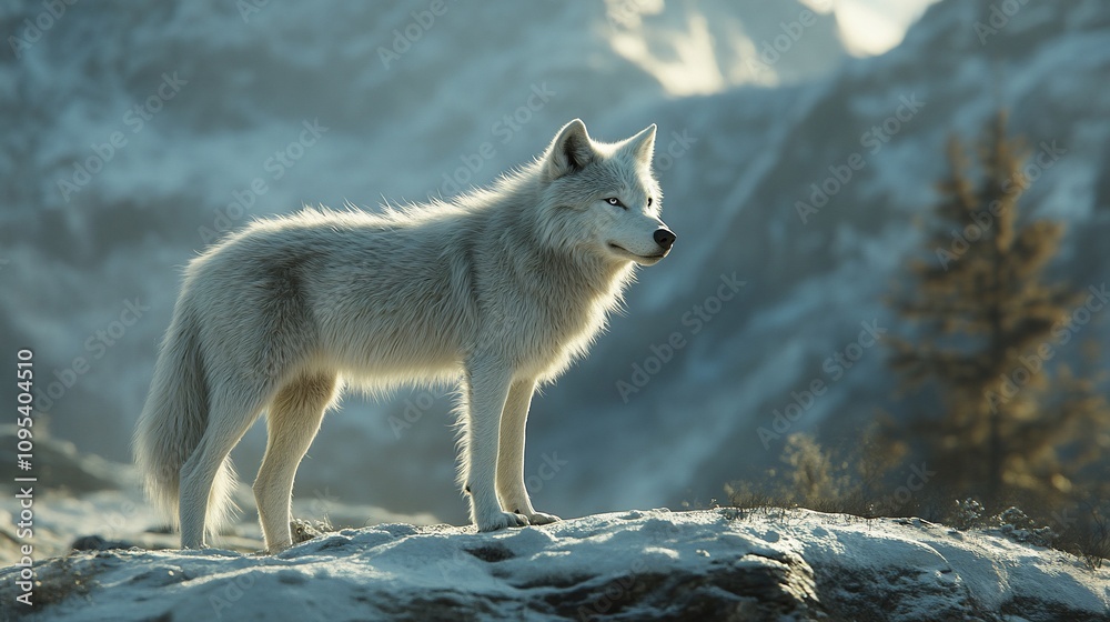 Obraz premium Majestic arctic wolf standing on snowy mountain peak at sunrise.