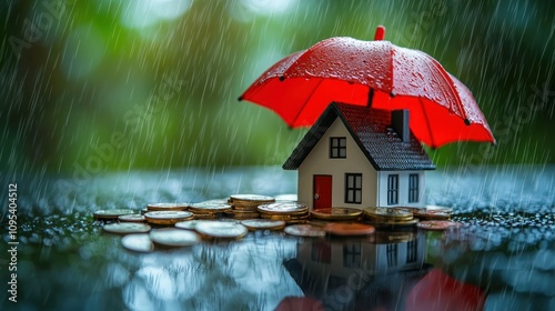 A miniature house model and coins protected by a red umbrella in the rain, symbolizing mortgage protection and home insurance.