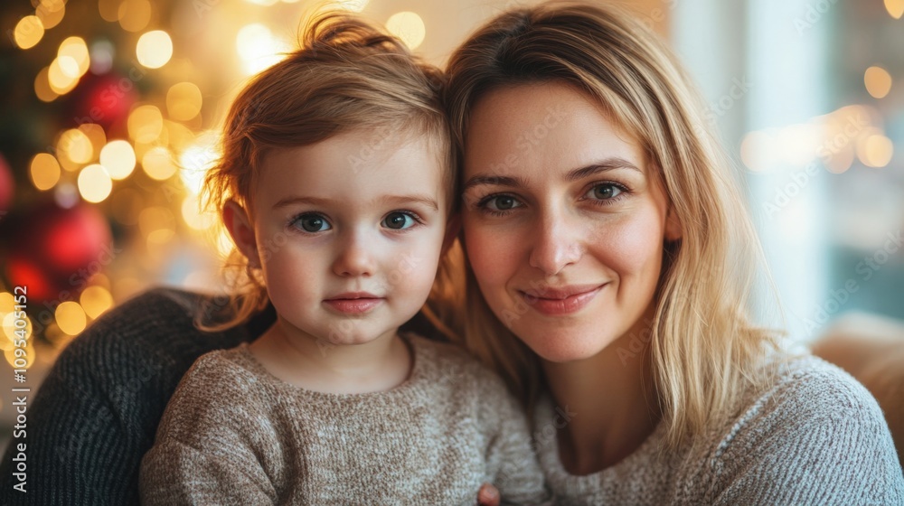 Heartwarming Holiday Moment: Mother and Child Embracing by the Christmas Tree Heartwarming Holiday Moment: Mother and Child Embracing by the Christmas Tree