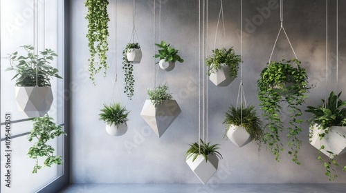 Geometric Hanging Planters with Lush Greenery: Modern Interior Design photo