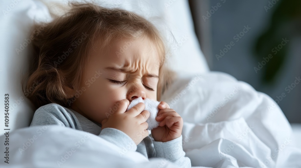 A young child captured mid-sneeze, holding a tissue to their face while sitting on a bed, demonstrating the innocence and vulnerability of childhood. A young child captured mid-sneeze, holding a tissue to their face while sitting on a bed, demonstrating the innocence and vulnerability of childhood.