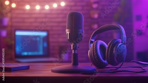 microphone and headphones pink light