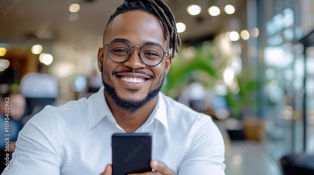 A man with dreadlocks and glasses smiles warmly while holding a smartphone in a contemporary office environment. The atmosphere is lively and professional, filled with greenery. A man with dreadlocks and glasses smiles warmly while holding a smartphone in a contemporary office environment. The atmosphere is lively and professional, filled with greenery.