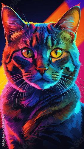  Cat, neon lights, vibrant colors, soft shadows,