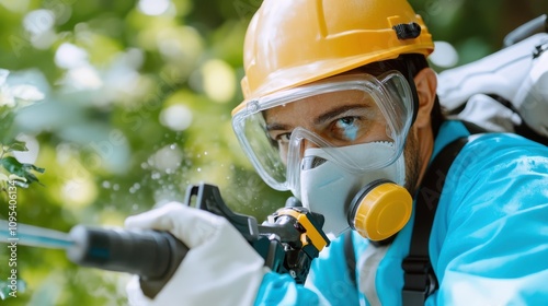 A pest control worker, equipped with safety gear, is spraying insecticide on foliage. This image captures the essence of protection and professional care for the environment.
