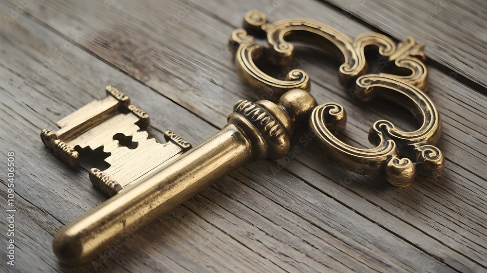 A shiny gold key is currently resting on a smooth wooden surface A shiny gold key is currently resting on a smooth wooden surface