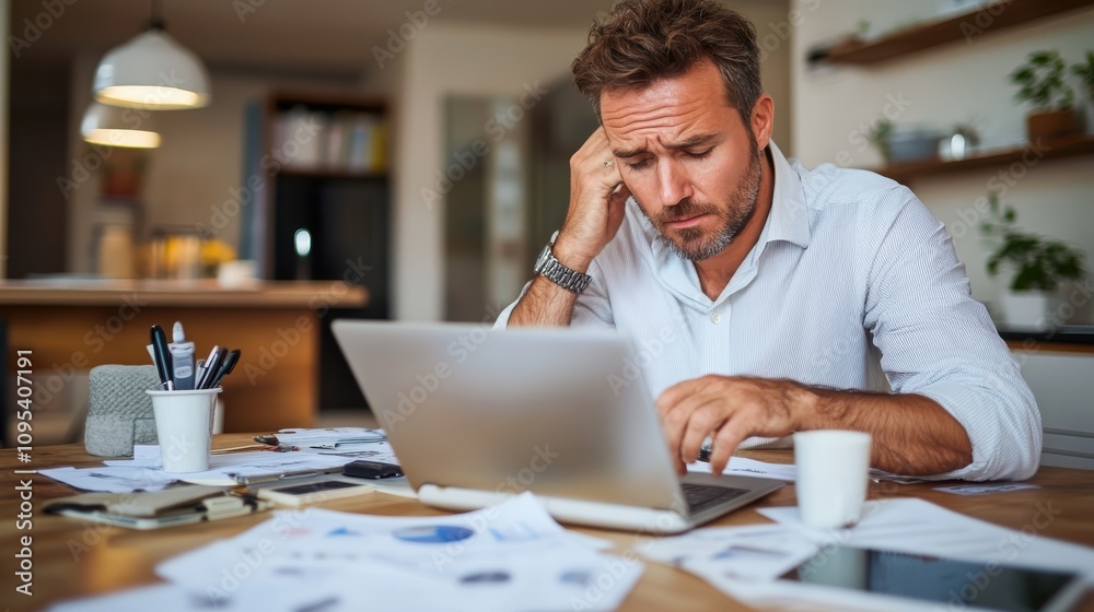 A man concentrates on his laptop, surrounded by scattered papers, in a cozy home office setting. The scene is calm in spite of the clutter, signifying focus. A man concentrates on his laptop, surrounded by scattered papers, in a cozy home office setting. The scene is calm in spite of the clutter, signifying focus.