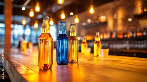 Colorful glass bottles of beverages on a wooden bar counter with warm bokeh lighting. photo