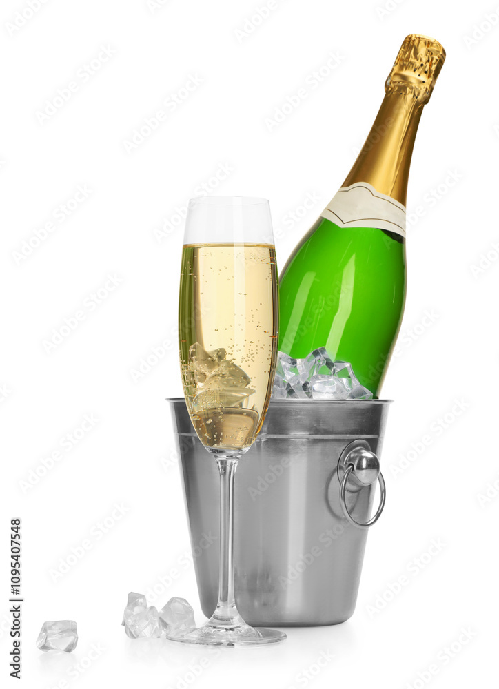 Champagne and bucket with ice isolated on white Champagne and bucket with ice isolated on white
