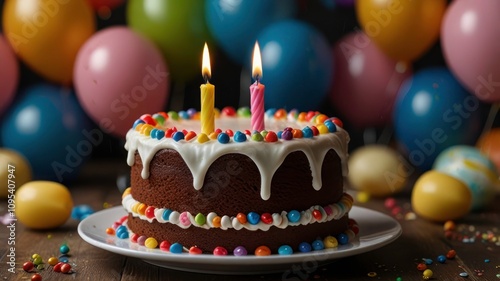 Delicious two-layered chocolate birthday cake with colorful candy, lit candles, and balloons.