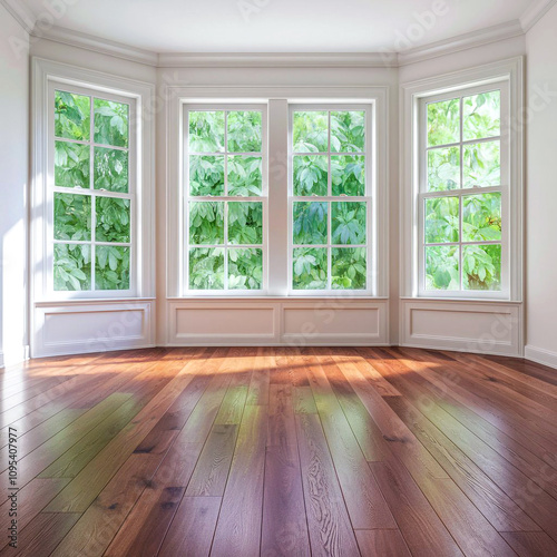 A light and spacious minimalist living room with a gray sofa wooden floors and large windows letting in daylight.