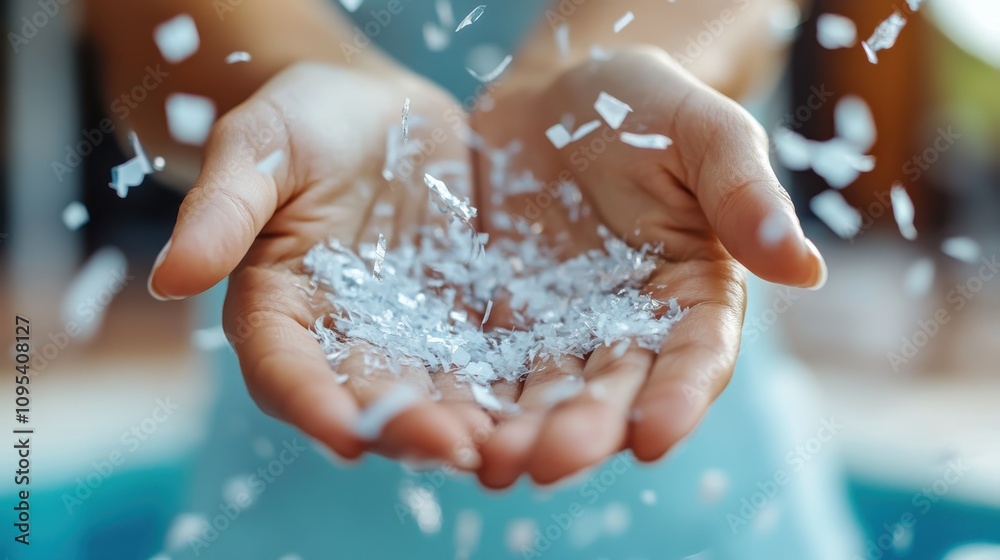 Two open hands gently cradling translucent, delicate ice-like flakes, symbolizing fragility and purity, against a softly blurred background, evoking serenity. Two open hands gently cradling translucent, delicate ice-like flakes, symbolizing fragility and purity, against a softly blurred background, evoking serenity.