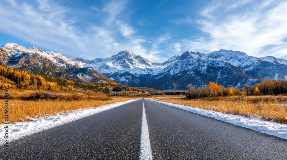 A long, straight road flanked by snow-topped mountains and golden autumn foliage under a clear blue sky, conveying adventure and solitude in nature. A long, straight road flanked by snow-topped mountains and golden autumn foliage under a clear blue sky, conveying adventure and solitude in nature.
