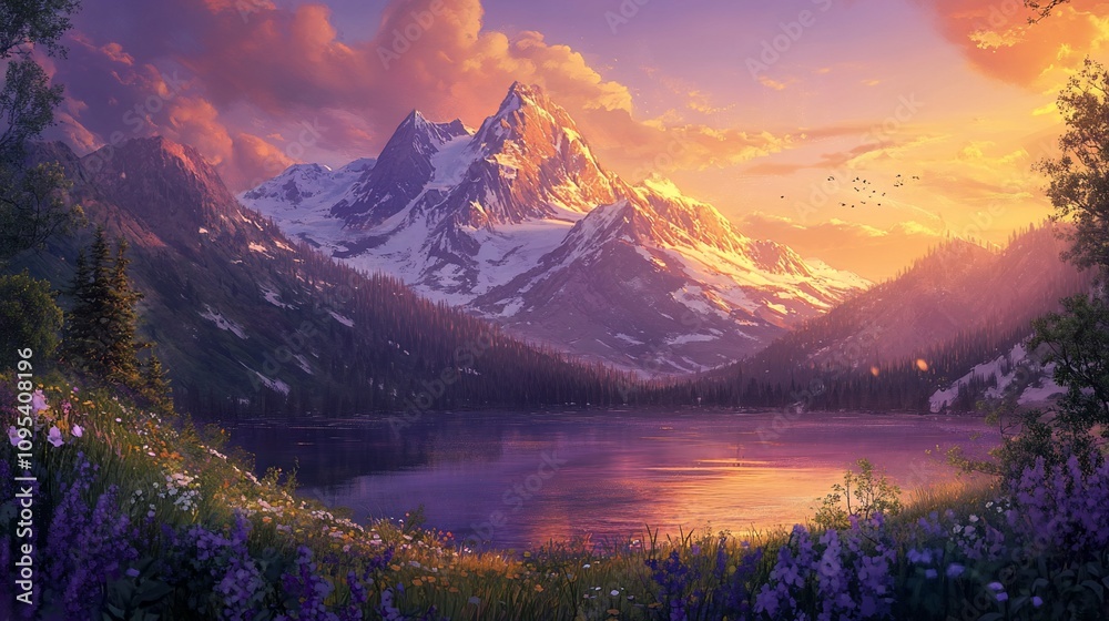 Fototapeta premium Majestic sunset over snow-capped mountains reflected in a serene lake, surrounded by wildflowers.