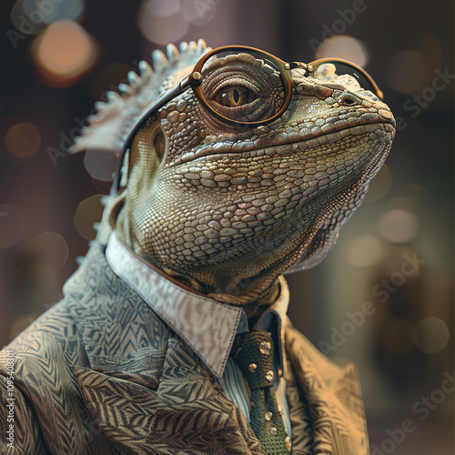 Stylish Iguana: Elegance in Glasses and a Suit photo