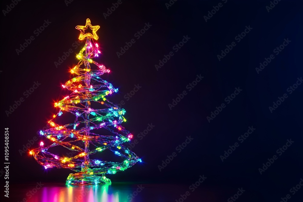 Neon Christmas tree decoration isolated on black background.