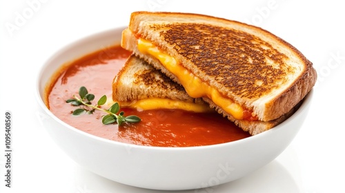 A bowl of tomato soup with a grilled cheese sandwich on top