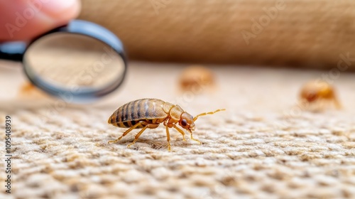 An enlarged view focuses on a bed bug crawling on textured fabric, emphasizing close observation and the urgent need for pest eradication. photo