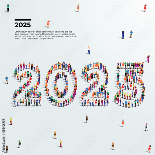 2025 twenty twenty five. Happy new year greeting. Large group of people form to create year 2025. People font or number. vector illustration.