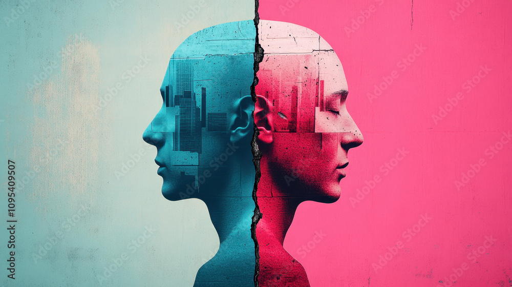 © Pisahouse - A striking artwork depicting two human profiles in contrasting colors, symbolizing duality and the complexity of human emotions. © Pisahouse - A striking artwork depicting two human profiles in contrasting colors, symbolizing duality and the complexity of human emotions.