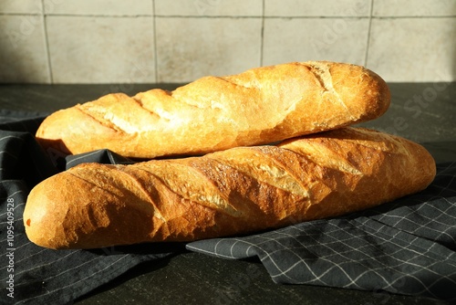 Freshly baked baguettes on black table, closeup photo