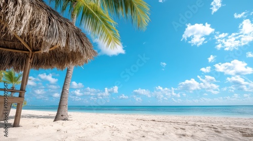A peaceful scene of a beach hut made of natural materials  partly shaded by tall palm leaves  set against a vivid blue sky with fluffy white clouds during the day.