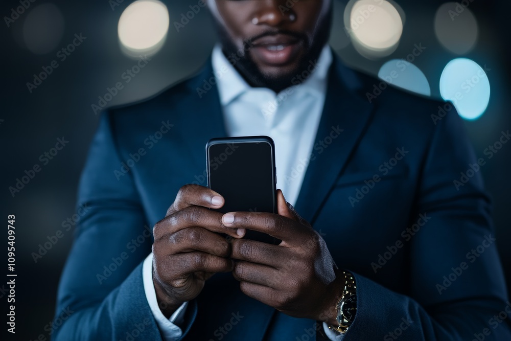 A confident businessman uses his smartphone under the soft city lights, embodying modern communication, connectivity, and technological engagement. A confident businessman uses his smartphone under the soft city lights, embodying modern communication, connectivity, and technological engagement.