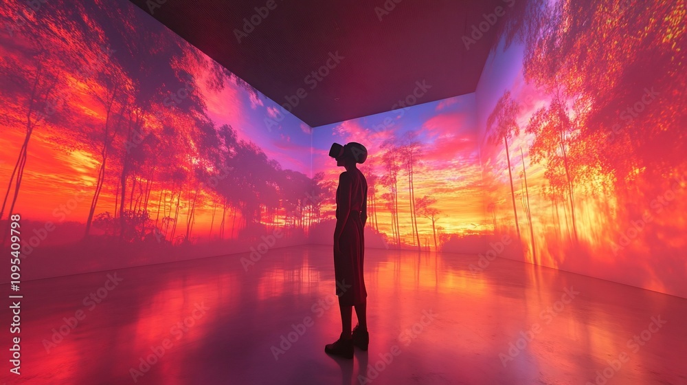 Fototapeta premium Person in VR headset experiencing immersive sunset forest digital art installation.