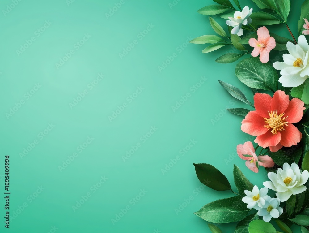 Naklejka premium Vibrant flowers and green leaves create a beautiful, colorful border on a soft green background, perfect for nature-themed designs.
