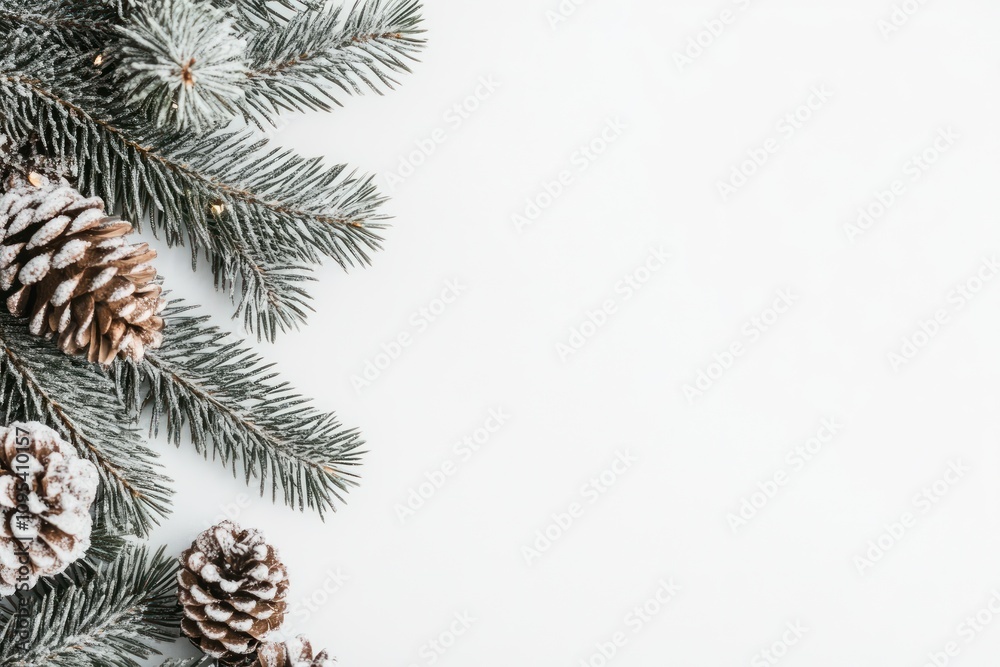 Snow covered pine branches with pine cones and lights Snow covered pine branches with pine cones and lights