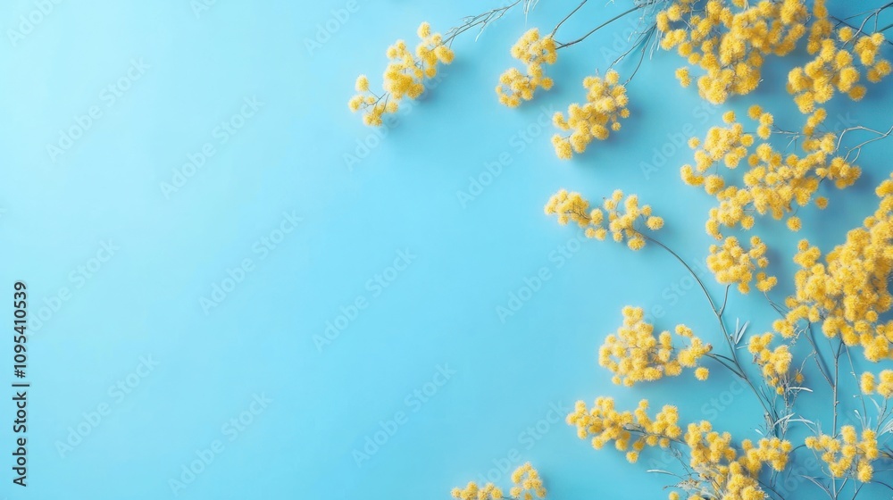 Yellow Mimosa Flowers Arranged On Blue Background Yellow Mimosa Flowers Arranged On Blue Background