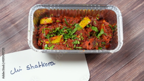 'Chili Shatkora' is served in a shiny aluminum container. The dish is richly colored with a vibrant red sauce and features yellow potato cubes garnished with fresh green herbs. photo