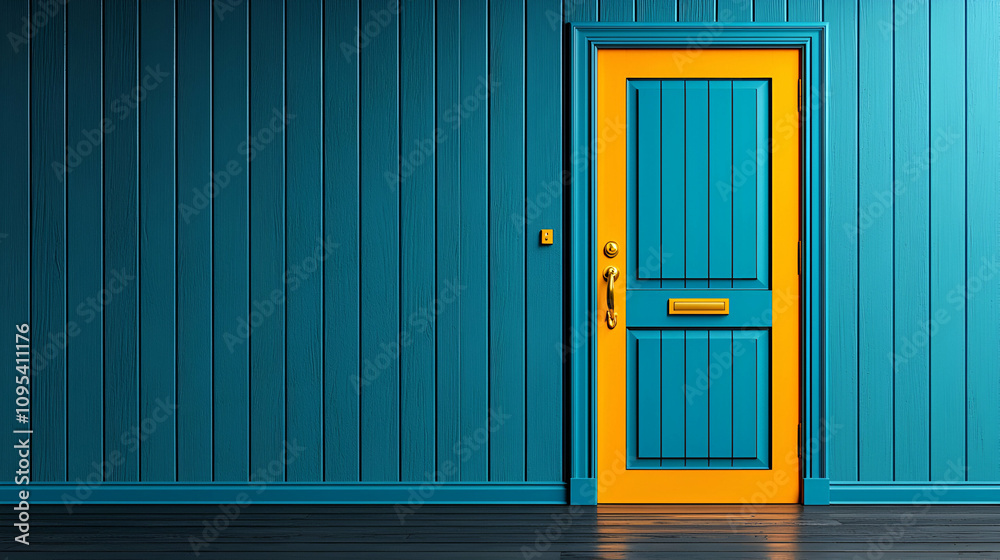 A vibrant blue wall featuring a striking yellow door, creating a bold and modern aesthetic in an interior space. A vibrant blue wall featuring a striking yellow door, creating a bold and modern aesthetic in an interior space.
