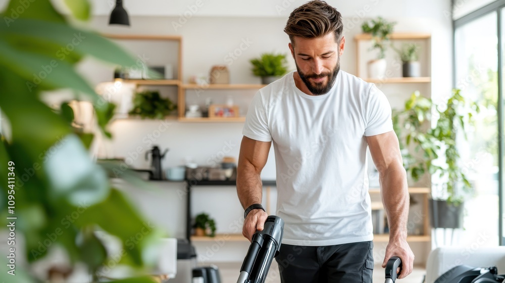 This image depicts a man vacuuming in a contemporary room filled with green plants, showcasing a clean and organized lifestyle in a modern home environment. This image depicts a man vacuuming in a contemporary room filled with green plants, showcasing a clean and organized lifestyle in a modern home environment.