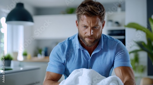 This image shows a man concentrating on folding white laundry in a well-lit kitchen environment, emphasizing themes of responsibility and household chores. photo