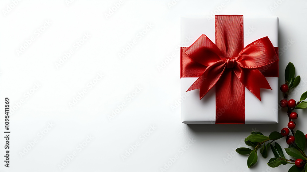 A beautifully wrapped white gift box with a red ribbon, accompanied by green holly leaves, perfect for festive occasions.