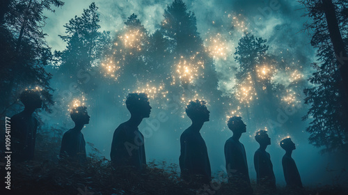 Ethereal silhouettes of people with starry visions in a mystical forest setting, evoking feelings of wonder and introspection. A thought-provoking representation of imagination