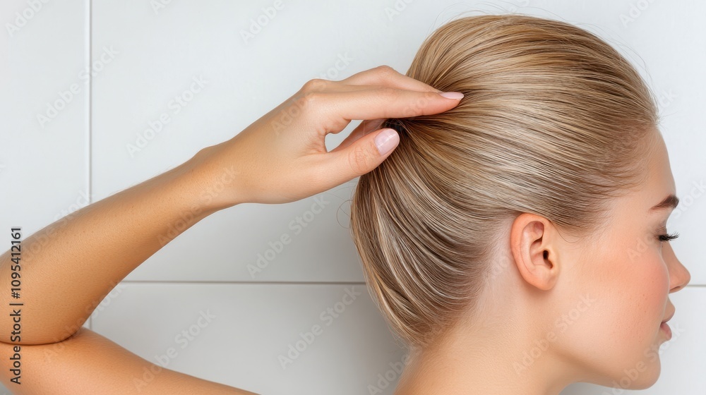 Fototapeta premium An elegant woman styles her hair into a smooth bun, focusing on personal grooming and beauty, indicating a sense of style and sophistication.