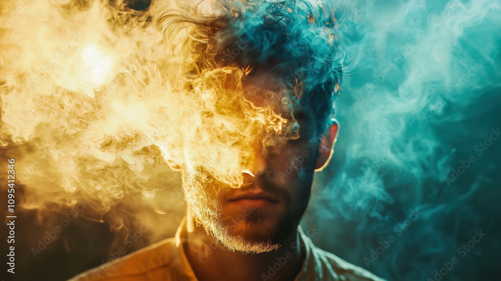 Captivating image of a man enveloped in colorful smoke, creating a mystical and surreal visual experience. Perfect for concepts of mystery, imagination, and psychedelic visions.