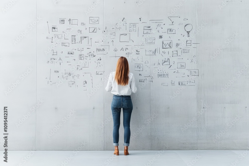 Fototapeta premium A woman stands before a concrete wall covered with diagrams, reflecting on complex business strategies and visual plans for innovative problem-solving sessions.
