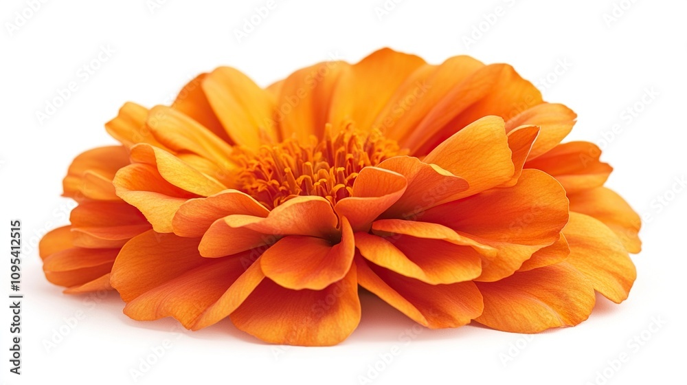 An orange zinnia flower with a center of darker orange An orange zinnia flower with a center of darker orange