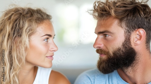 A man with a full beard and a woman with wavy hair exchange a serious, intense gaze. The composition highlights their expressions, underscoring focus and closeness.
