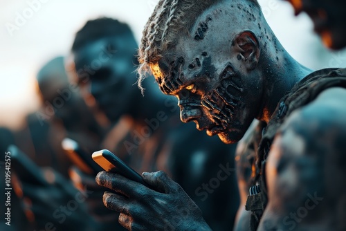 A group of eerie, zombie-like characters intensely focus on their smartphones, highlighting themes of technology addiction and societal disconnect in a dystopian setting.