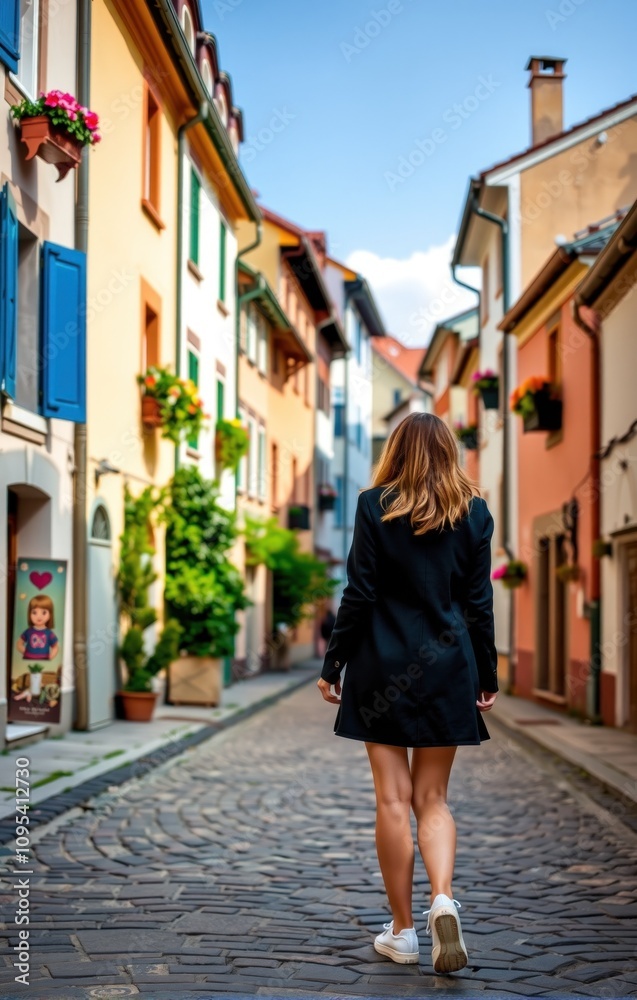 young woman strolls along a picturesque cobblestone street in a vibrant village, surrounded by charming buildings featuring colorful shutters and blooming flowers young woman strolls along a picturesque cobblestone street in a vibrant village, surrounded by charming buildings featuring colorful shutters and blooming flowers