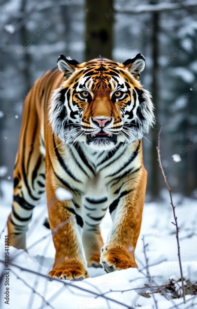 Fototapeta premium large tiger strides confidently through a snow-covered forest
