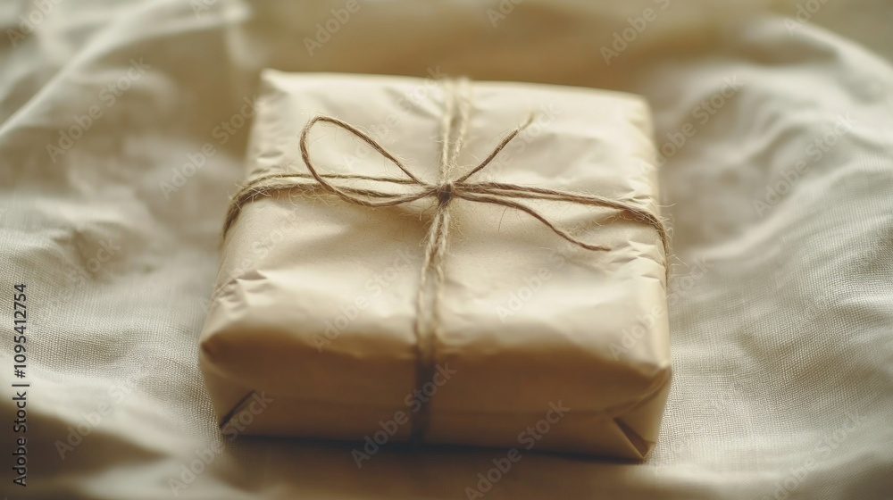 Rustic Gift Wrapped in Brown Paper, Neatly Bound with Twine, Set on Soft Natural Fabric Background, Evoking Anticipation and Warmth of Unwrapping Surprises Rustic Gift Wrapped in Brown Paper, Neatly Bound with Twine, Set on Soft Natural Fabric Background, Evoking Anticipation and Warmth of Unwrapping Surprises