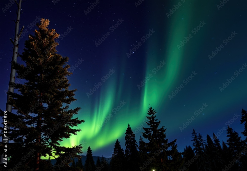 Naklejka premium Colorful green and purple auroras dance across the night sky, illuminating a tranquil forest in Alaska. vibrant display reflects the beauty of nature in the winter season