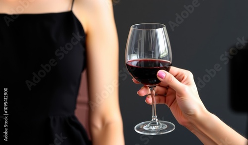 hand gracefully offers a glass of red wine, showcasing the drinks rich color. setting features a modern backdrop with soft lighting, creating an inviting atmosphere for celebration